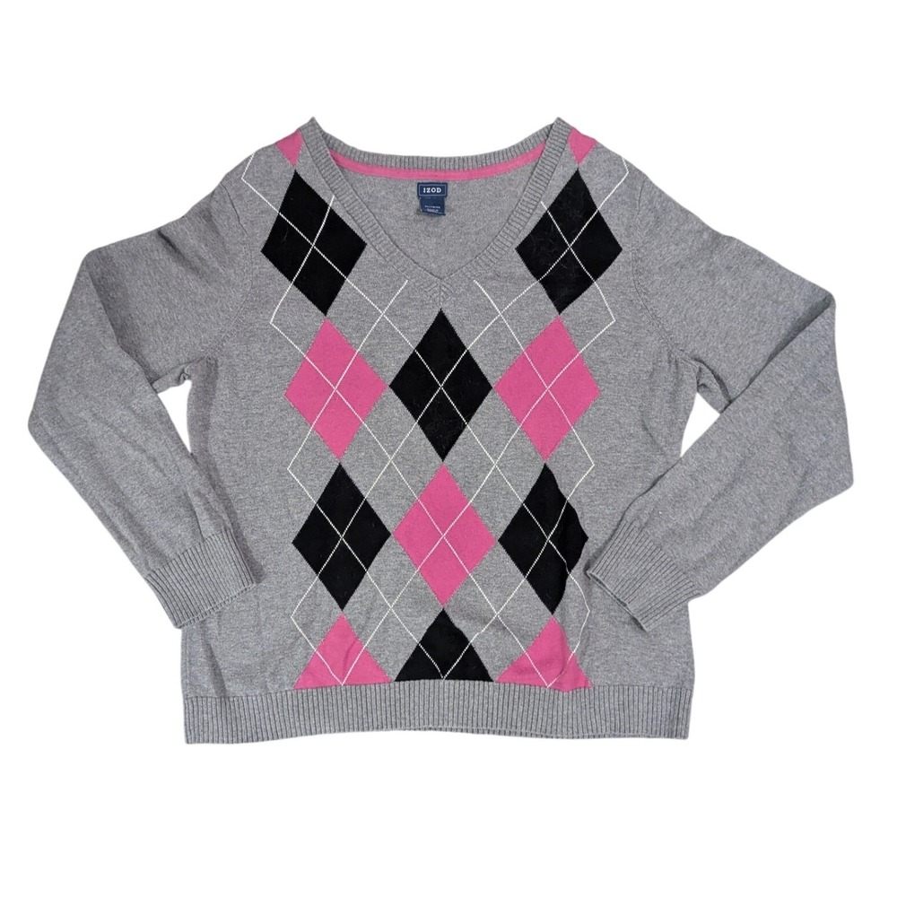 IZOD Womens XL Gray Pink Argyle V-Neck 100% Cotton‎ Knit Sweater Preppy Classic